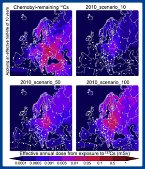 1. Fig. 4. Cumulative effective dose from137Cs exposure in Europe for the first year following the fire scenarios